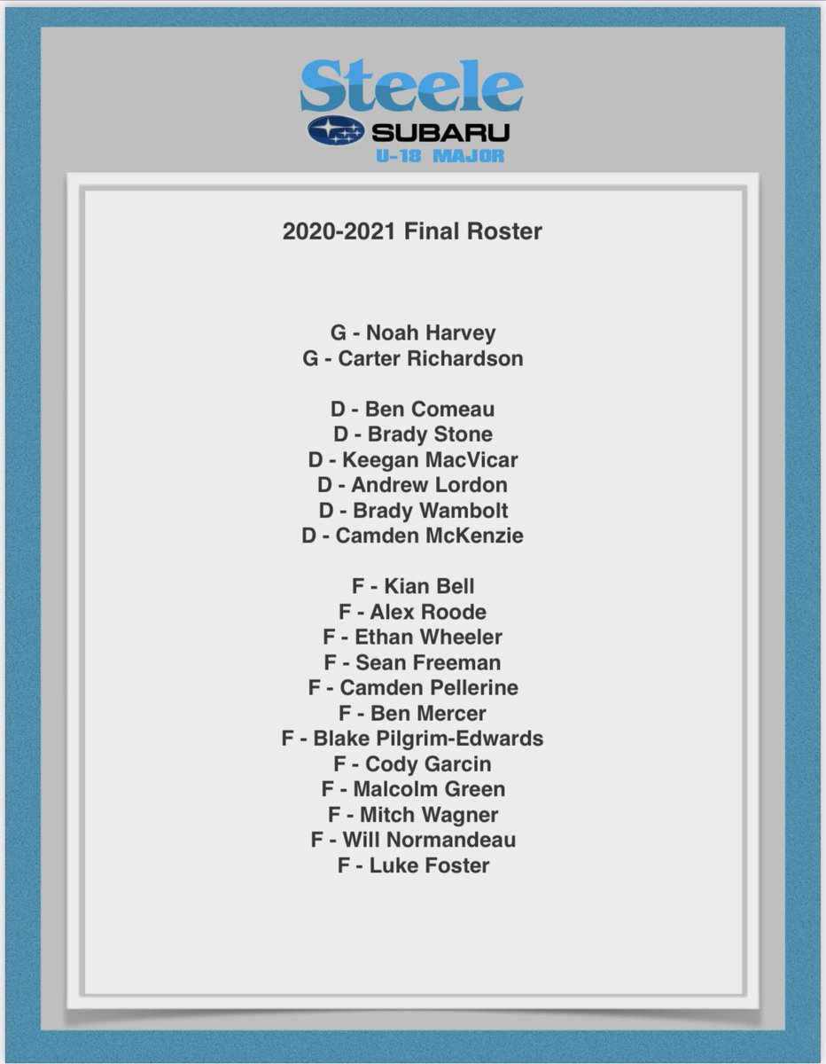 The Steele Subaru U18 Hockey Club is pleased to announce our roster for 2020-2021. Welcome to both new and returning players! We would also like to thank parents for attending last nights introductory Zoom meeting, we are looking forward to a positive season!