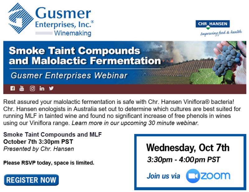 🧫While limited scientific data exists on how malolactic fermentation affects smoke-tainted wine, @Chr_Hansen set out to determine which of our Viniflora® bacteria cultures is best suited for running MLF in tainted wine.

☕️ Join the discussion on 10/7 - event host - @gusmerwine