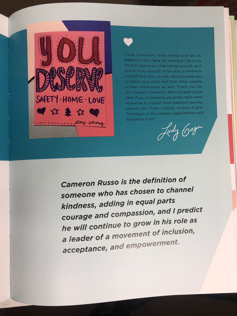 CameronRusso's tweet photo. thank you @ladygaga &amp; @BTWFoundation for allowing my story to be part of your book #ChannelKindness. thank you for giving me the chance to spread my message of positivity and hope to the trans community. i am so blessed for this opportunity ✨ https://t.co/s9TXbxrwcY