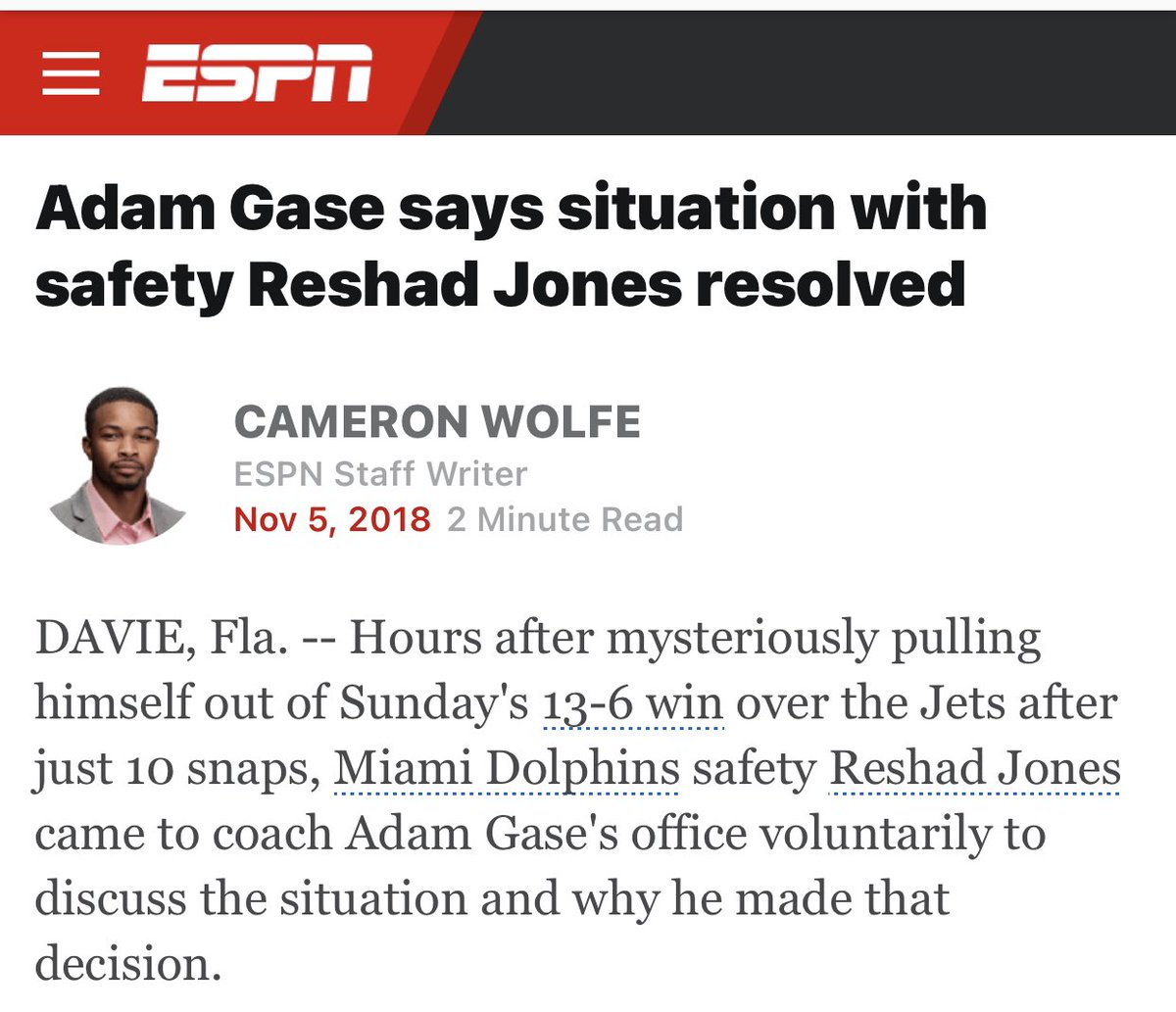December 2018, Dilemma with Reshad Jones over an apparent “injury”