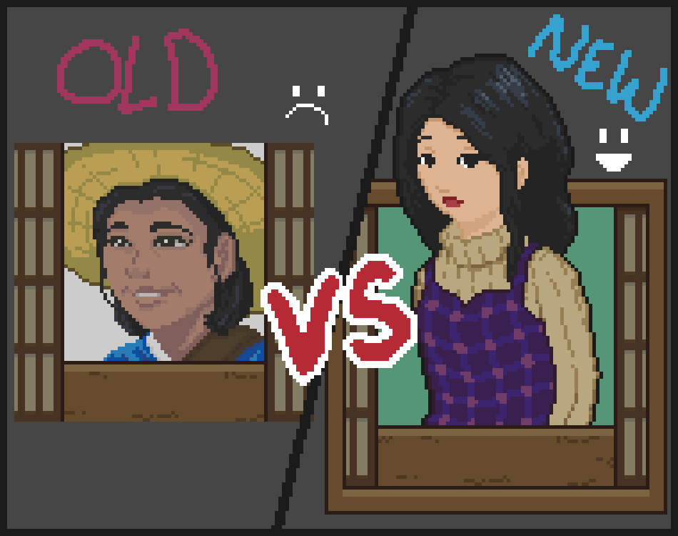 CheeseMaster_Pr's tweet photo. Had a solid #stream with a couple of loyal viewers keeping me company :)
Worked on a new style for the character portraits for #Spirittea NPCs.  Below shows the old and new styles (though not the same character). 

#indiedev #gamedev #indiegame #pixelart #pixel_dailies #gaming https://t.co/Pd8t0EvJjl
