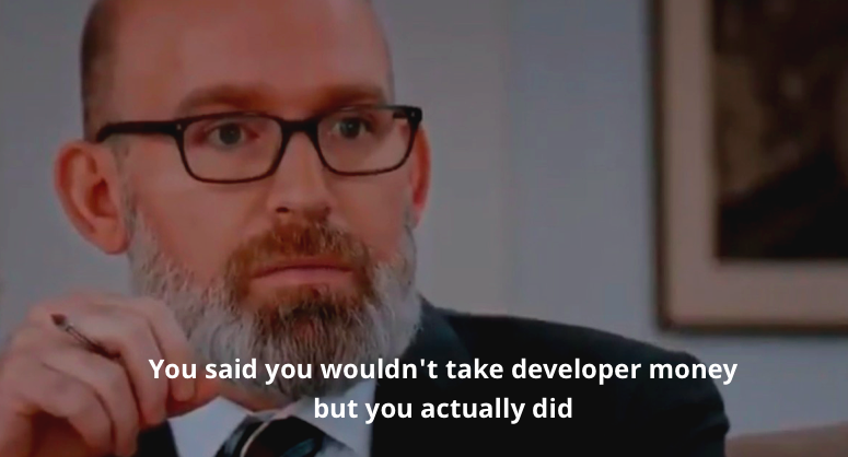 A photo of the NY Times editorial board member who has become a meme for asking Pete Buttigieg about working at a company that did price-fixing on bread. The line says: You said you wouldn't take developer money but you actually did