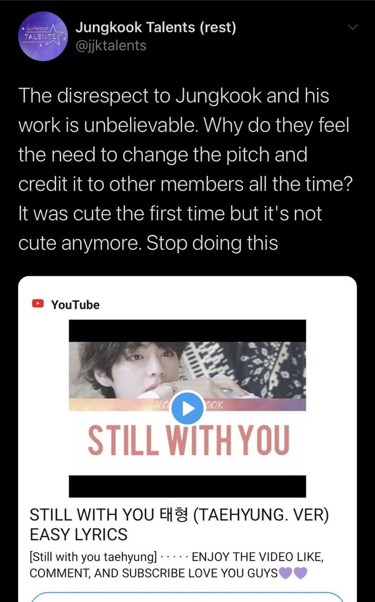 the other fanbase was @/jjktalents i don’t think they shaded him but they left this tweet up for hours allowing him to get a ton of hate and only deleted it after multiple tae stans begged them to