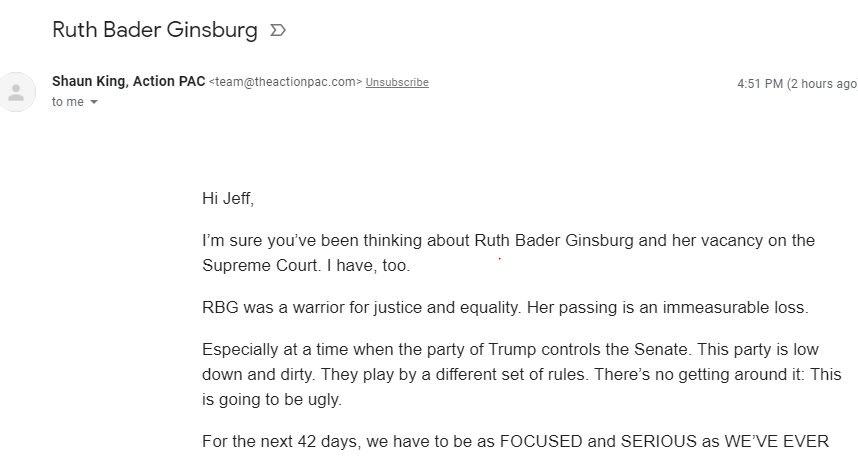 I just saw this email from him. Snow J Simpson starts out pretending that he is honoring  #RBG...but it doesn't take long for the drifting to start.