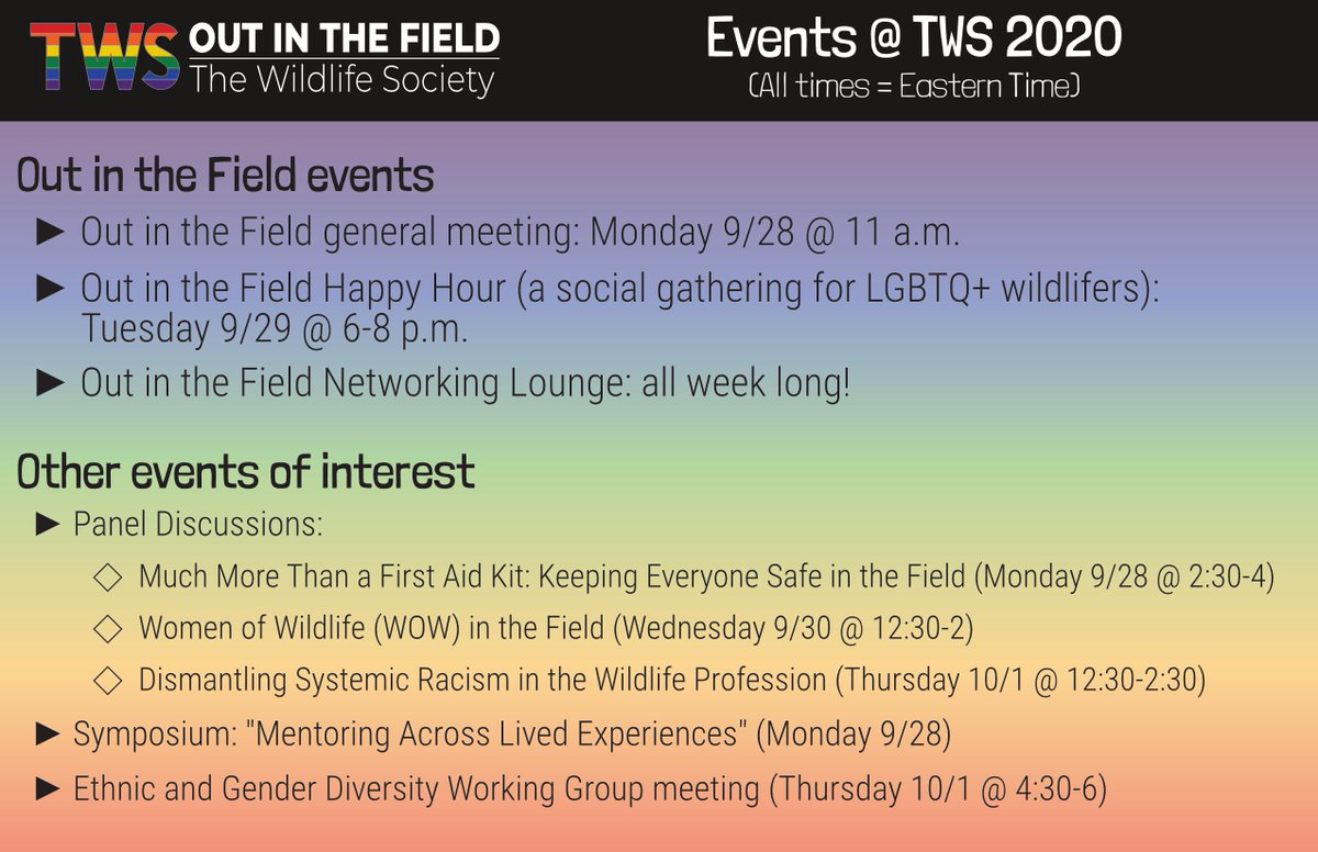 Attending the virtual #TWS2020 next week? Check out our events! Monday is our general Out in the Field event, and on Tuesday evening we're having a social for LGBTQ+ wildlifers. Hope to see you there!