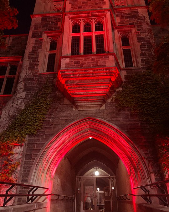 #LightUpLive asked technicians, suppliers and venues across the country to light up in red – raising awareness for our industry that is still dark. Here are just a couple of shots of our lovely building. More here: lightuplive.ca #iMissLiveTheatreTO #harthouseuoft