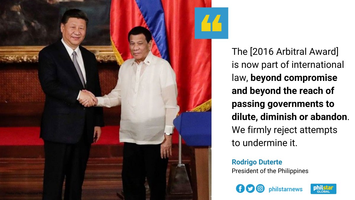 President Duterte said that gov'ts should not "dilute, diminish or abandon" the 2016 UNCLOS Arbitral Award over the South China Sea.Harry Roque previously said Philippines can "set aside" the ruling in favor of infra projects with China.Full story:  https://www.philstar.com/headlines/2020/09/23/2044288/duterte-un-meet-south-china-sea-ruling-beyond-compromise