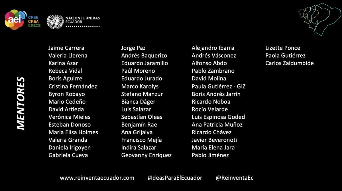 Gracias a cada uno de nuestros Mentores. 

¡Su compromiso con generar un mejor país y compartir su experiencia con más ecuatorianos es la clave para crear el Ecuador que soñamos!