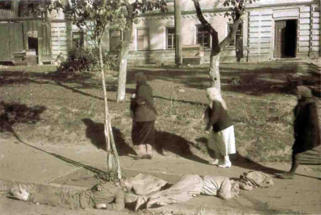 Bodies of dead soviet prisoners of war are left in the city to rot.
