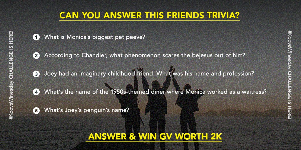 mykoovs's tweet image. #KoovsWinesday Challenge is here! ❤️ Participate by correctly answering this Friends trivia and get a chance to win GV worth 2K. 😍

T&amp;amp;C:
1. 2 lucky winners will get 2K GV each.
2. Winners will be announced on 26th September 2020.
.
.
#koovs #contestalert #contestchallenge