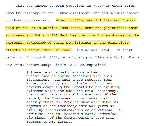 Durham's efforts - he went right to the courts and to their attorneys - freed the two surviving men from prison.Meanwhile, Mueller's FBI was arguing the exculpatory evidence didn't mean the men were innocent. "Do justice."