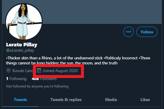 Note: The current  @uLerato_pillay Twitter account is a fake created in August 2020.The original  @uLerato_pillay changed its user handle to  @PutSAnsfirst_ , claiming that someone else would be taking over the account.The  @PutSAnsfirst_ account has since been deactivated.