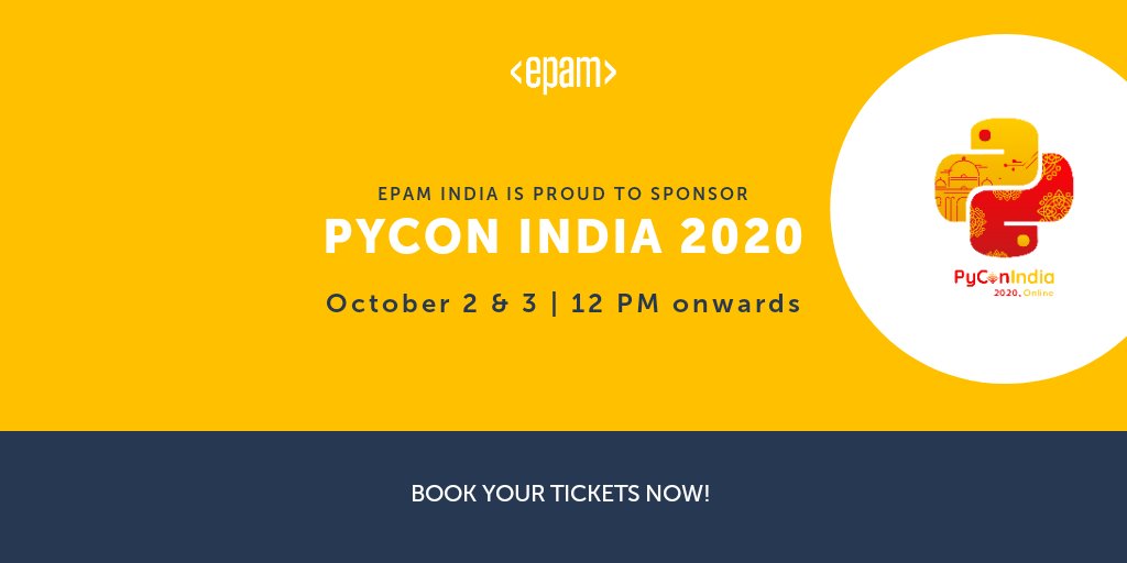 EPAM_India's tweet image. EPAM is proud to be the gold sponsor of the 12th edition of #PyCon India. This year with the virtual conference you can expect a bigger, better, and more accessible conference and learning opportunities. Register here: in.pycon.org/2020/

 #LearningWithEPAM #Python