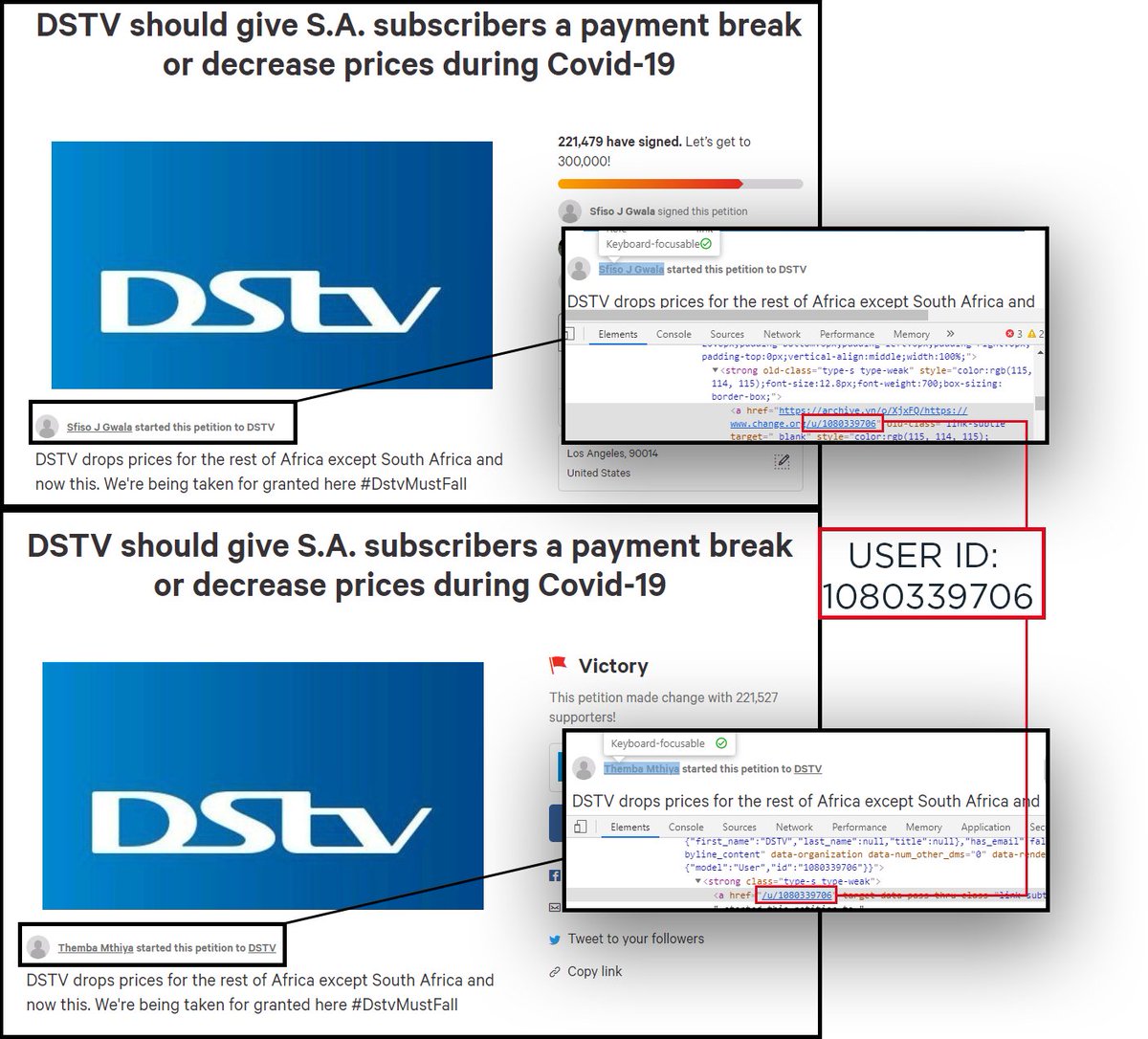 Since then, Gwala has attempted to hide evidence linking him to the account. "Sfiso J Gwala" was replaced as the author of the DSTV  http://Change.org  by "Themba Mthiya".But the website source code shows this is the same user as Sfiso J Gwala that created the petition.
