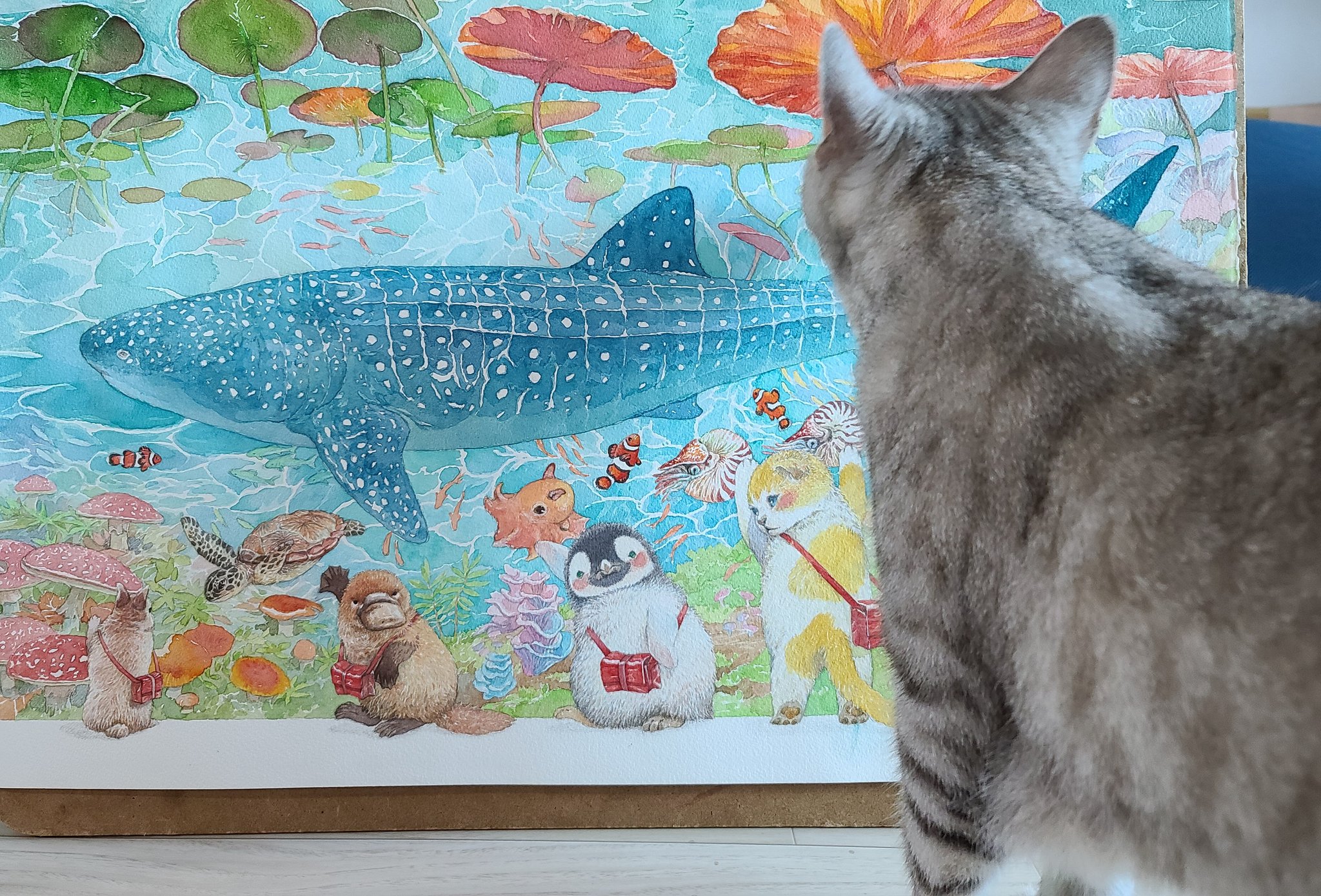 まなつとまふゆ 名古屋クリマk13 じっと見つめて通り過ぎました イラスト 水彩イラスト 水彩画 水彩 絵の具 水彩絵の具 絵画 アート イラストレーション 水彩アート イラストレーター いらすとぐらむ イラストグラム 原画 猫 水族館