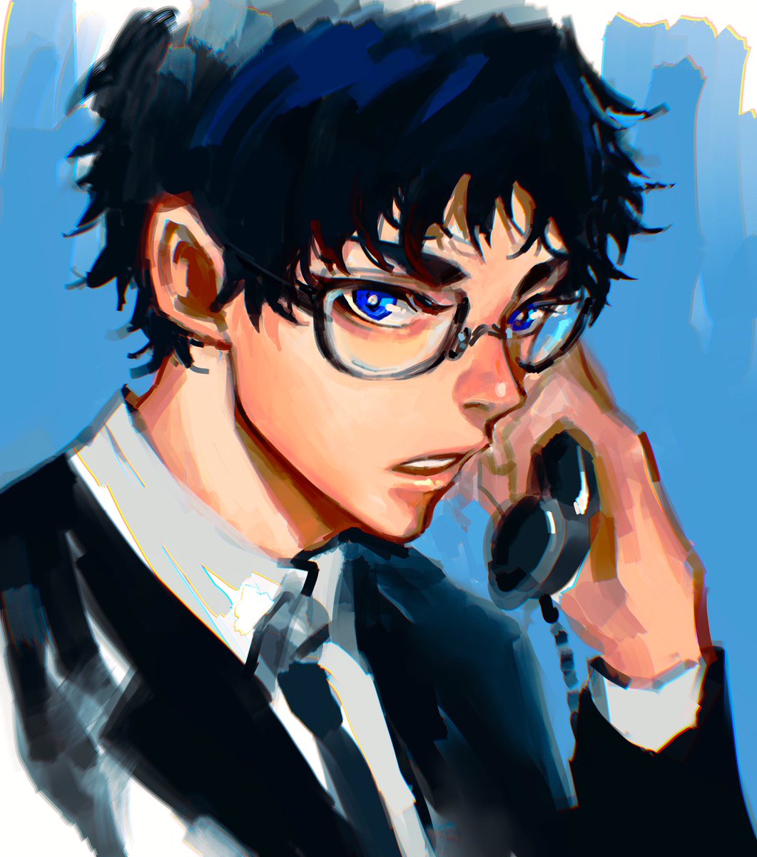 1boy male focus solo blue eyes glasses necktie black hair  illustration images