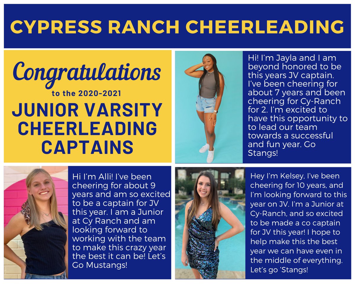 Cypress Ranch Cheerleading (@cyranchcheer) on Twitter photo Congratulations to our new <a href="/CyRanchHS/">Cypress Ranch HS</a> Junior Varsity Cheerleading Captains! #CFISDspirit Congratulations to our new <a href="/CyRanchHS/">Cypress Ranch HS</a> Junior Varsity Cheerleading Captains! #CFISDspirit