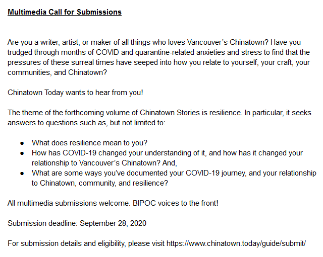 The submission deadline for Chinatown Stories Vol. 3 is next week, Sept 28. Please reach out to <a href="/chinatown_today/">Chinatown Today今日唐人街</a> with any questions or inquiries! #ChinatownYVR
