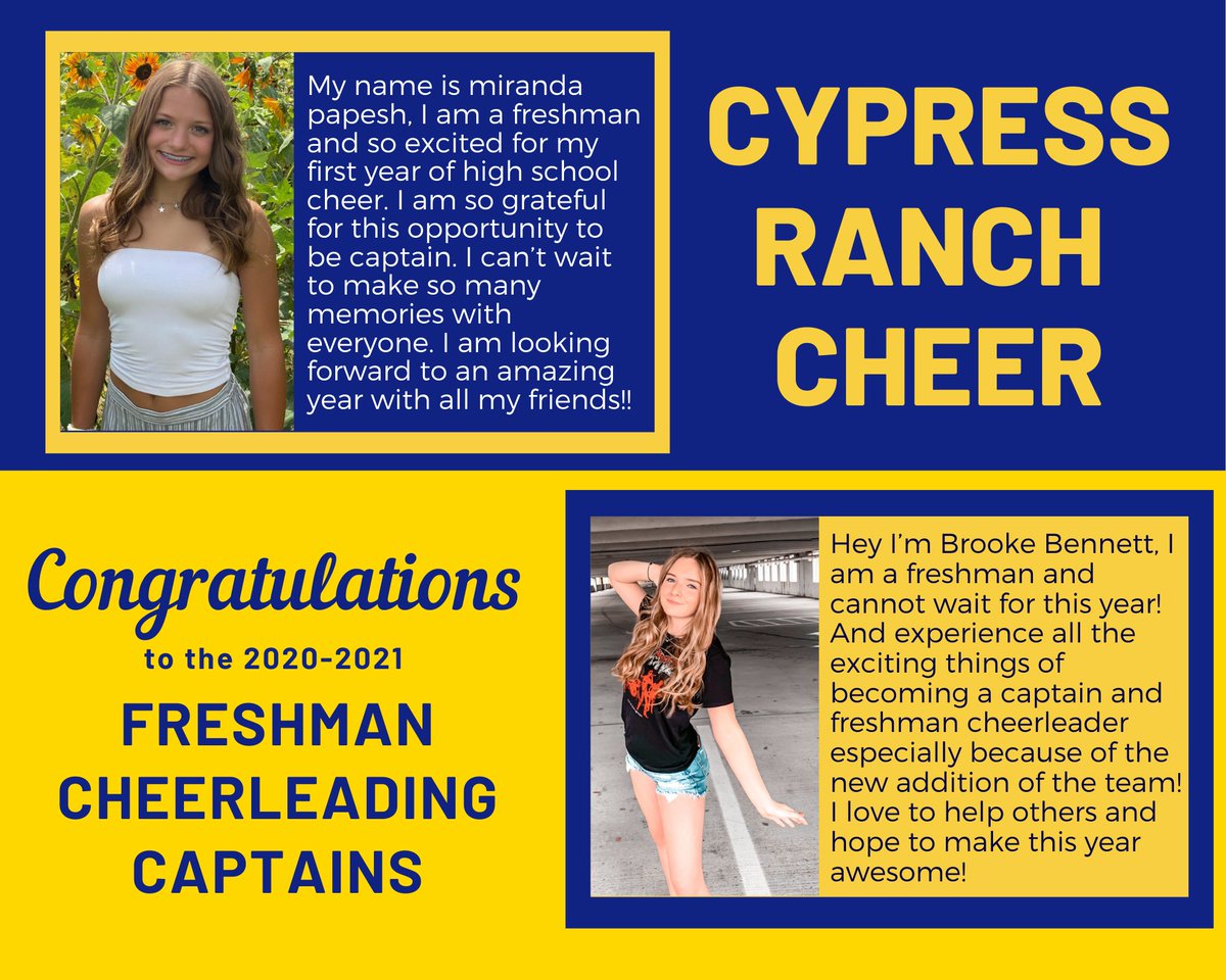 Cypress Ranch Cheerleading (@cyranchcheer) on Twitter photo Last but not least, we want to congratulate our new <a href="/CyRanchHS/">Cypress Ranch HS</a> Freshman Cheerleading Captains! We are so proud of everyone! #CFISDspirit Last but not least, we want to congratulate our new <a href="/CyRanchHS/">Cypress Ranch HS</a> Freshman Cheerleading Captains! We are so proud of everyone! #CFISDspirit