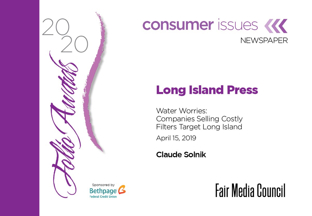 FMCsavvy's tweet photo. And the Folio goes to ... @longislandpress and Claude Solnik for consumer issues reporting on #water filters.  Congrats! #fmcfolio #news #winners #journalism #community #awards #longisland https://t.co/ER3w6ekBaO