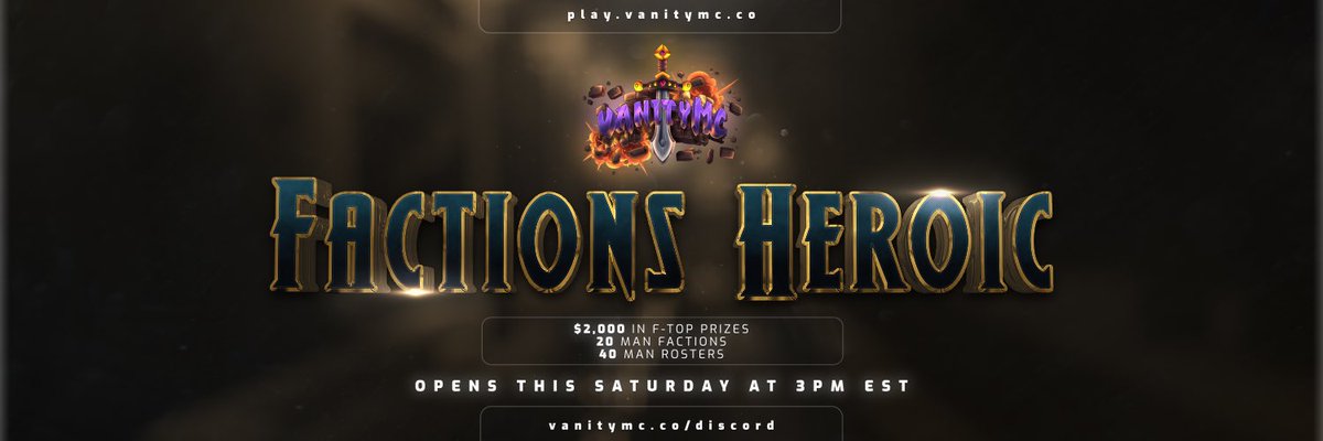 VanityMC's tweet image. Factions Heroic reset will be this Saturday, September 26th @ 3PM EST 👑

💰$2,000 F-TOP PAYOUTS 

🏙 CHANGELOG: vanitymc.co/threads/vanity…

💎 SOTW GIVEAWAY
- x5 Vanity Ranks
- x5 Heroic Crates
- 2500 V-Gems

LIKE + RETWEET + FOLLOW 💙