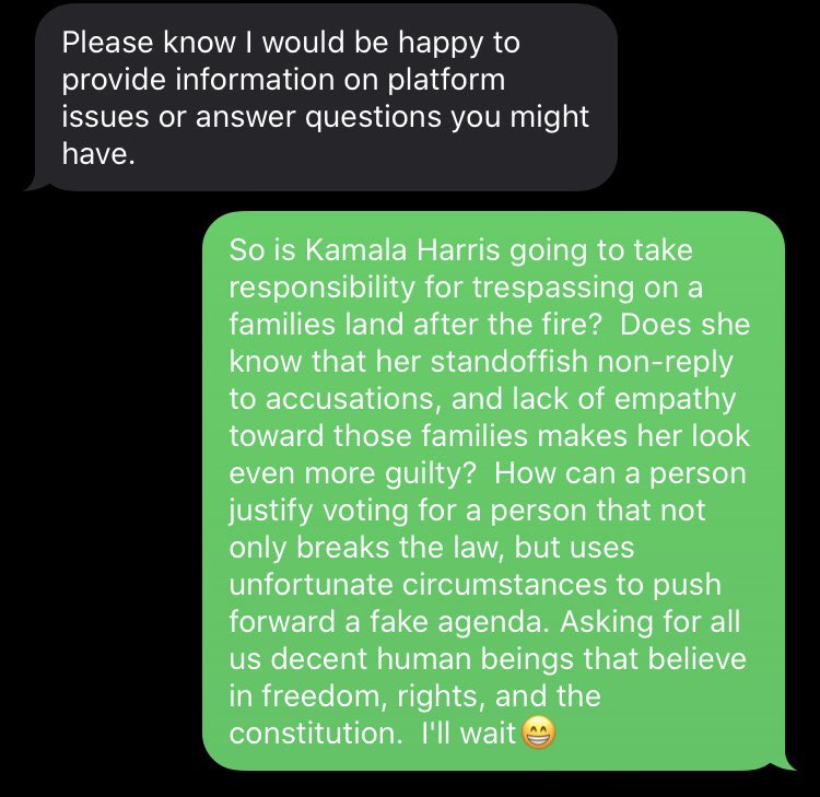 MandyStout8's tweet photo. @KamalaHarris as an American citizen, can you please explain this to me? Due to a text I received from a Democratic Party representative I was encouraged to ask questions. I did. Unfortunately, your supporter did not support factual evidence or truth. Your move. https://t.co/p5zyI6Nush