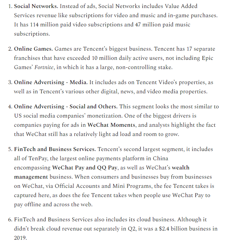 14/ How does  $TCEHY make money?Ignoring the investments, core business makes money in six waysI. PaymentsII. Subscriptions (video/music)III. Social adsIV. Media ads V. GamesVI. Cloud