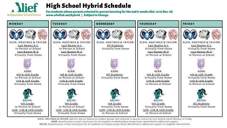 AliefISD's tweet photo. High School Hybrid Schedule For students whose parents selected in-person learning for the 2nd 9-weeks (Oct. 12 to Dec. 18) 

Please visit our website https://t.co/GHsPwjgeJj for more details. 

*Subject to Change https://t.co/r0b7x4zMp4