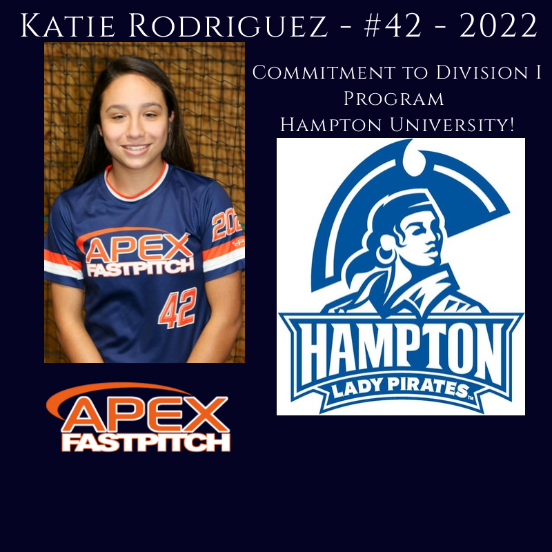SSCAL13's tweet photo. Huge CONGRATULATIONS to our first college commitment!! Congrats to Katie Rodriguez (2022) @Katie_R42  on her commitment to play Division I softball for Hampton University!  You will do amazing things! @TXAPEXFastpitch @Hampton_SB https://t.co/828qllWvOU