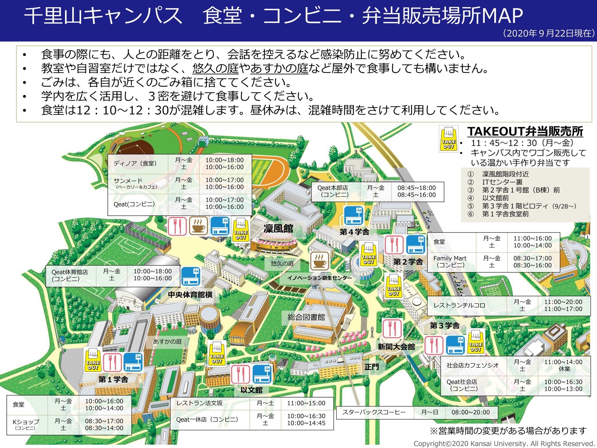 関西大学 千里山キャンパスのランチマップを作成しました 学内を広く活用し 昼食時の３密回避にご協力をお願いします 営業時間は変更となることがあります T Co 18p1ukbgnr Twitter