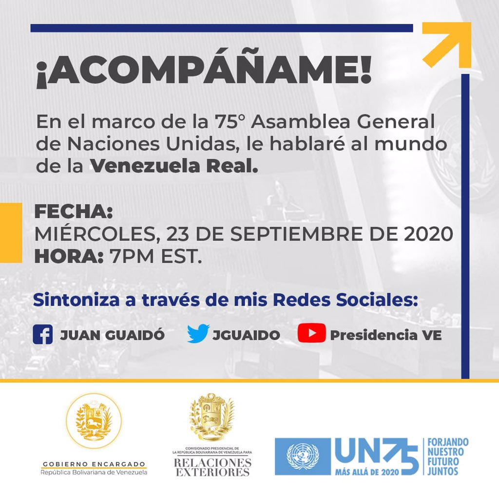 #ATENCIÓN Mañana me dirigiré a delegaciones de la Asamblea General de la #ONU para ser la voz de millones de venezolanos y solicitar el apoyo y la presión internacional necesarios para lograr la democracia y la libertad en Venezuela.

 ¡Conéctate! #UNGA75 bit.ly/33JXZic