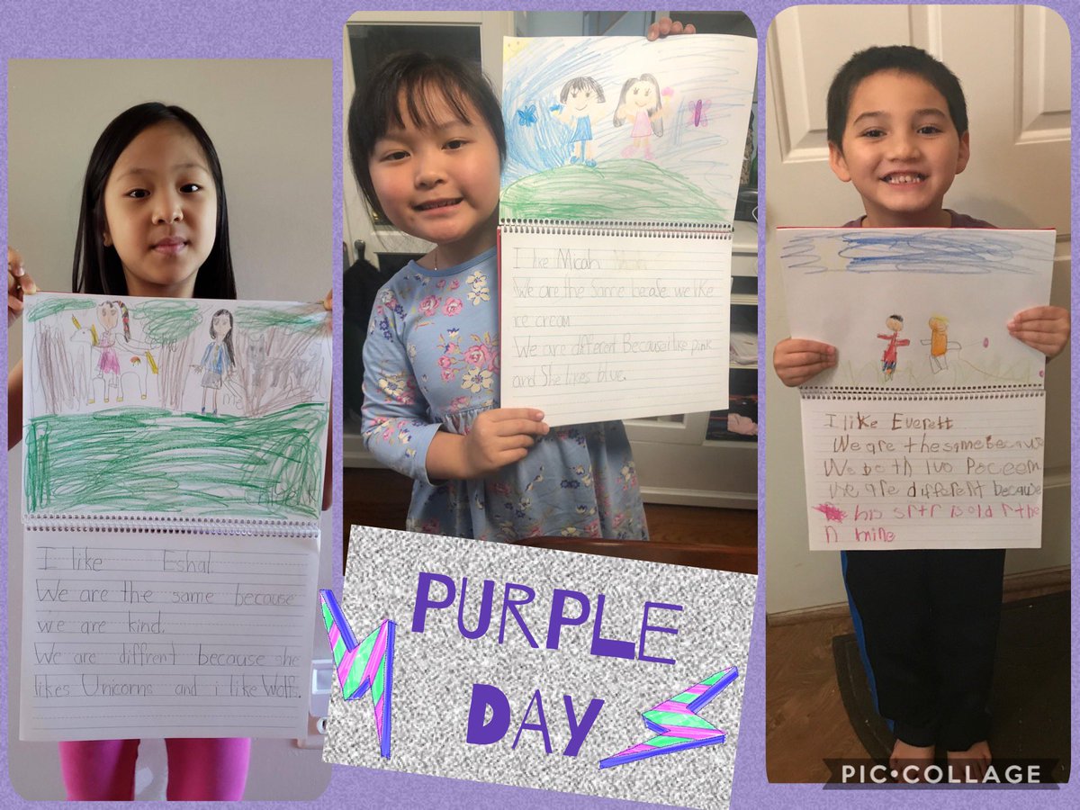 NatalieCVershaw's tweet photo. πPURPLE Dayπ We read All Are Welcome and the students wrote about a friend and how they are similar and different. These first graders recognize all they have in common & how differences make them special. @jtdouds #TogetherCES #FuninFirst #love #acceptance #awesomeFirstgraders https://t.co/MfLF4iNp88