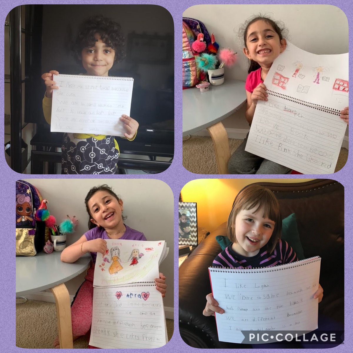 NatalieCVershaw's tweet photo. πPURPLE Dayπ We read All Are Welcome and the students wrote about a friend and how they are similar and different. These first graders recognize all they have in common & how differences make them special. @jtdouds #TogetherCES #FuninFirst #love #acceptance #awesomeFirstgraders https://t.co/MfLF4iNp88