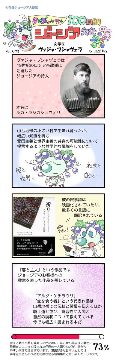 73日目
『ヴァジャ・プジャヴェラ』
#タマダくんと行く100日間ジョージア文化の旅 #タマダくんの冒険 #タマダ