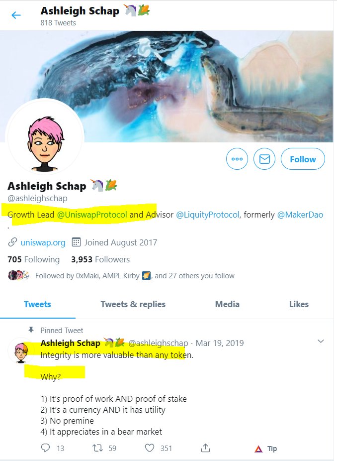DEFIgoddess's tweet photo. Oh hi @ashleighschap.  Growth lead at Uniswap, is part of this $few scam? you got to be kidding me!  

@haydenzadams this @UniswapProtocol connection is looking worse.

She has a pinned tweet about integrity.  🤣 For shame. https://t.co/r1mnER8cnF