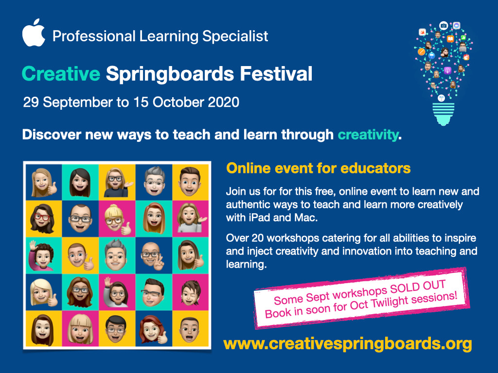 The Creative Springboards Festival starts next week!
Register now at creativespringboards.org 
Places filling up fast! 
<a href="/AppleEDU/">Apple Education</a> <a href="/CSpringboards/">Creative Springboards Festival</a>
 #everyonecancreate #creativespringboards