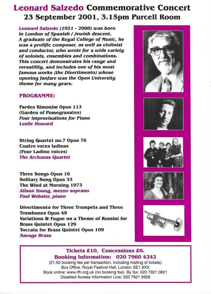 leonard_salzedo's tweet photo. 23 September 2001 A commemorative concert celebrating the life of Leonard Salzedo was held at the #PurcellRoom @southbankcentre #OTD with contributions from pianist #LeslieHoward; singer #AlisonYoung accompanied by #PaulWebster; the #ArchaeusQuartet &amp; #SavageBrass 🎼 🎹 🎻 🎺 https://t.co/QADTZTwe08