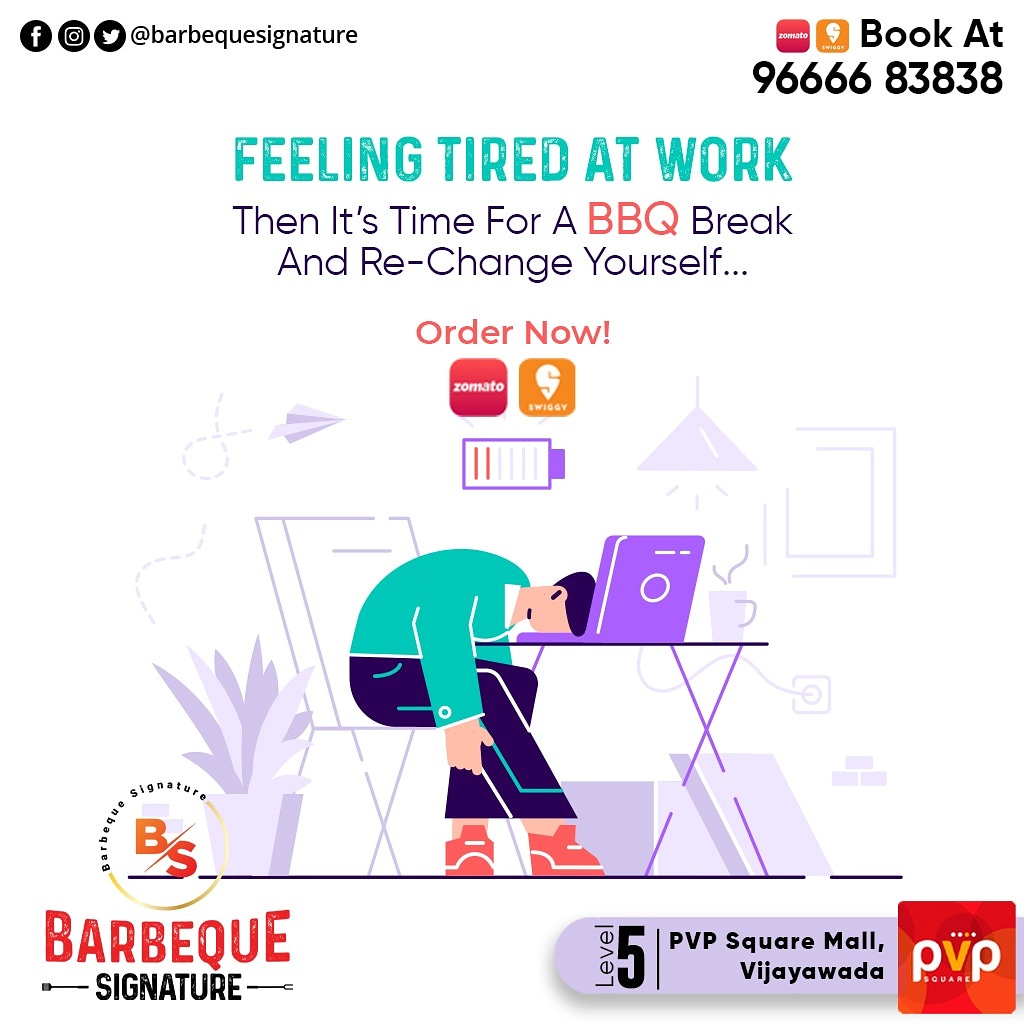 BarbequeSignat1's tweet photo. Feeling Tired At Work Then Itโs Time For A BBQ Break
And Re-Change Yourself...
๐ Book At: 96666 83838
#barbequesignature #bbq #vijayawada #Bookfood #booknow #safetycabins #safetyfirst #PVPSquareMall #pvp #lovefood https://t.co/ai4cNJuHkU