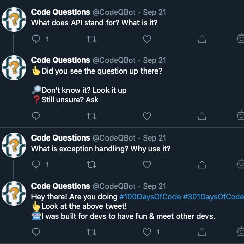 Screeenshot of tweets by @codeQBot "What does API Stand for" and "What is exception handling? why use it?"