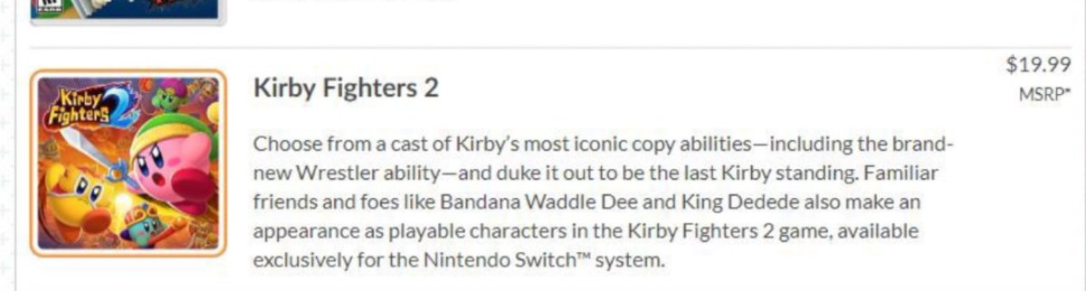 Nintendeal's tweet image. Oops!

Kirby Fighters 2 was accidentally listed on play.nintendo.com ($19.99)