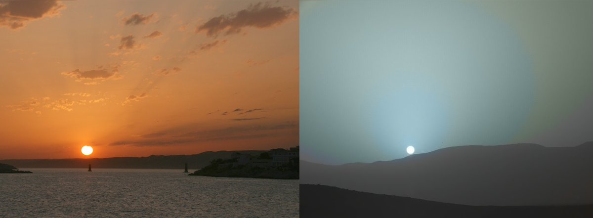 Strange that sunsets are red on the Blue Planet and blue on the Red Planet.