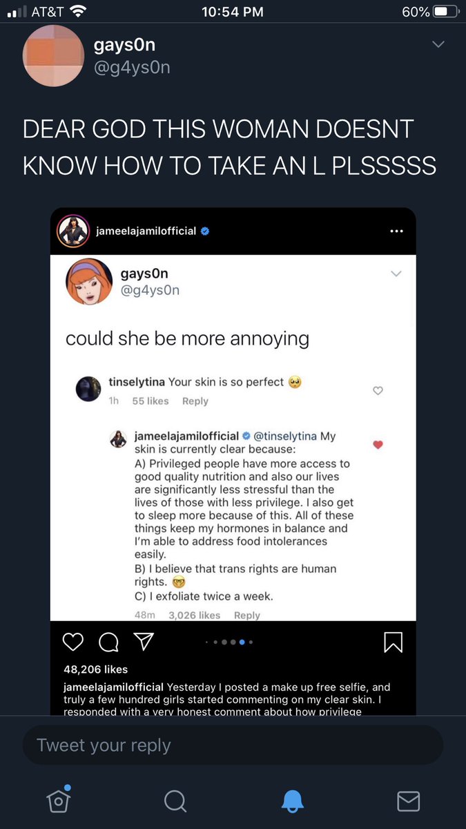 StMiasCathedral's tweet photo. Okay so why would this EVER be in my suggested tweets??? They’re “shaming” Jameela for supporting women/trans people of all shapes and sizes while also taking into account her own immense privileges. Is this to get me into a twitter fight? I refuse and only will use a screenshot. https://t.co/aglO2s9Amb