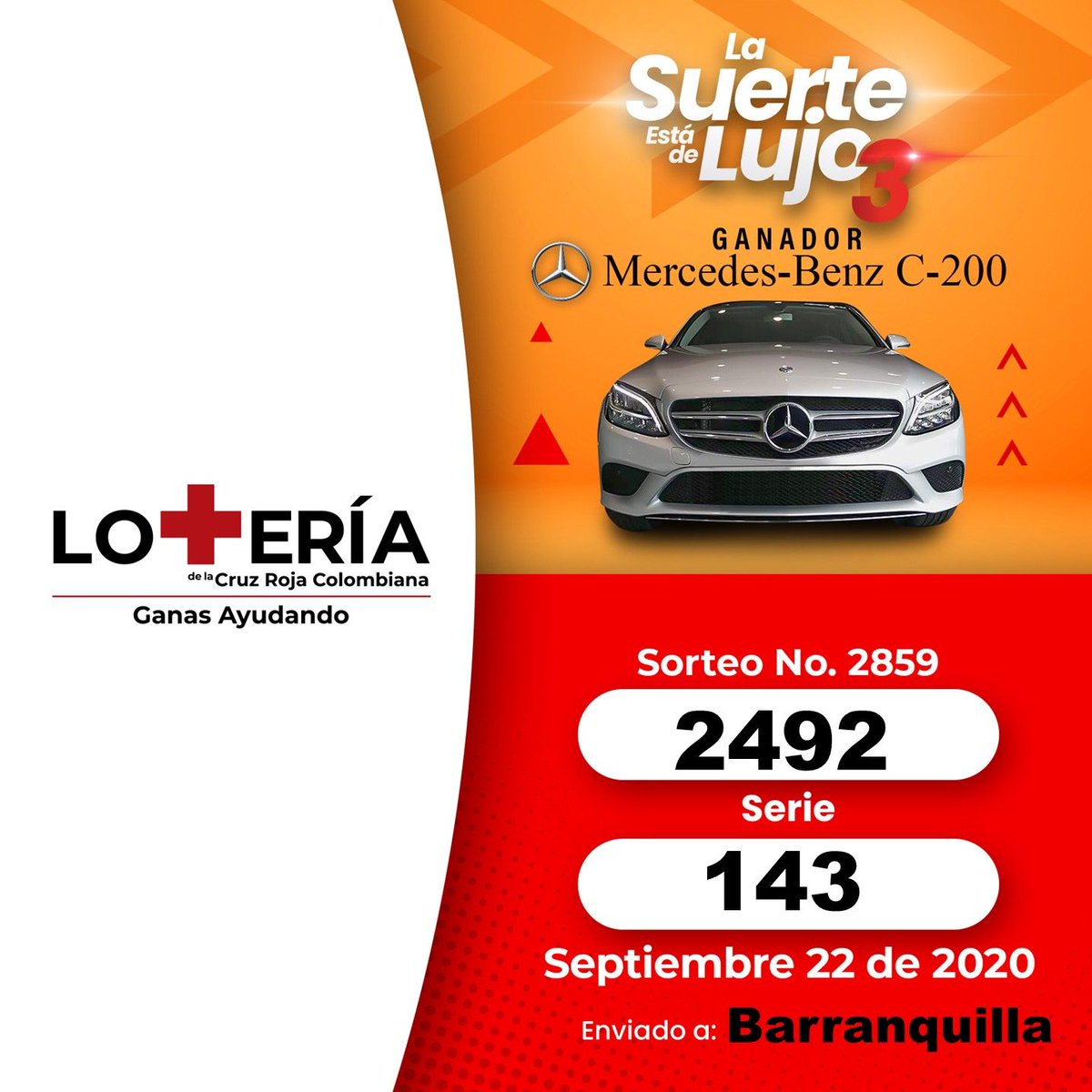 LoteriaCruzRoja's tweet photo. Súbete cada martes hasta el 29 de septiembre en este Mercedes-Benz C200 con #LaSuerteEstadeLujo3 de la #LoteriaCruzRojaColombiana 
Número:  2492
Serie: 143
#GanasAyudando #CruzRojaColombiana #LaSuerteEstadeLujo3 #Lotería #LoteriaColombia #Mercedes #MercedesBenz #Automercol https://t.co/ey0cCszZRs