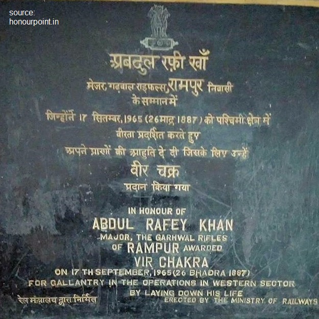 A memorial raised by Ministry of Railways in Rampur remembers Maj Abdul Rafey Khan Vir ChakraThe valiant officer's body was left along with other soldiers as Garhwali's withdrewHe most likely lays buried in an unmarked grave on the same battlefield where he so valiantly fought