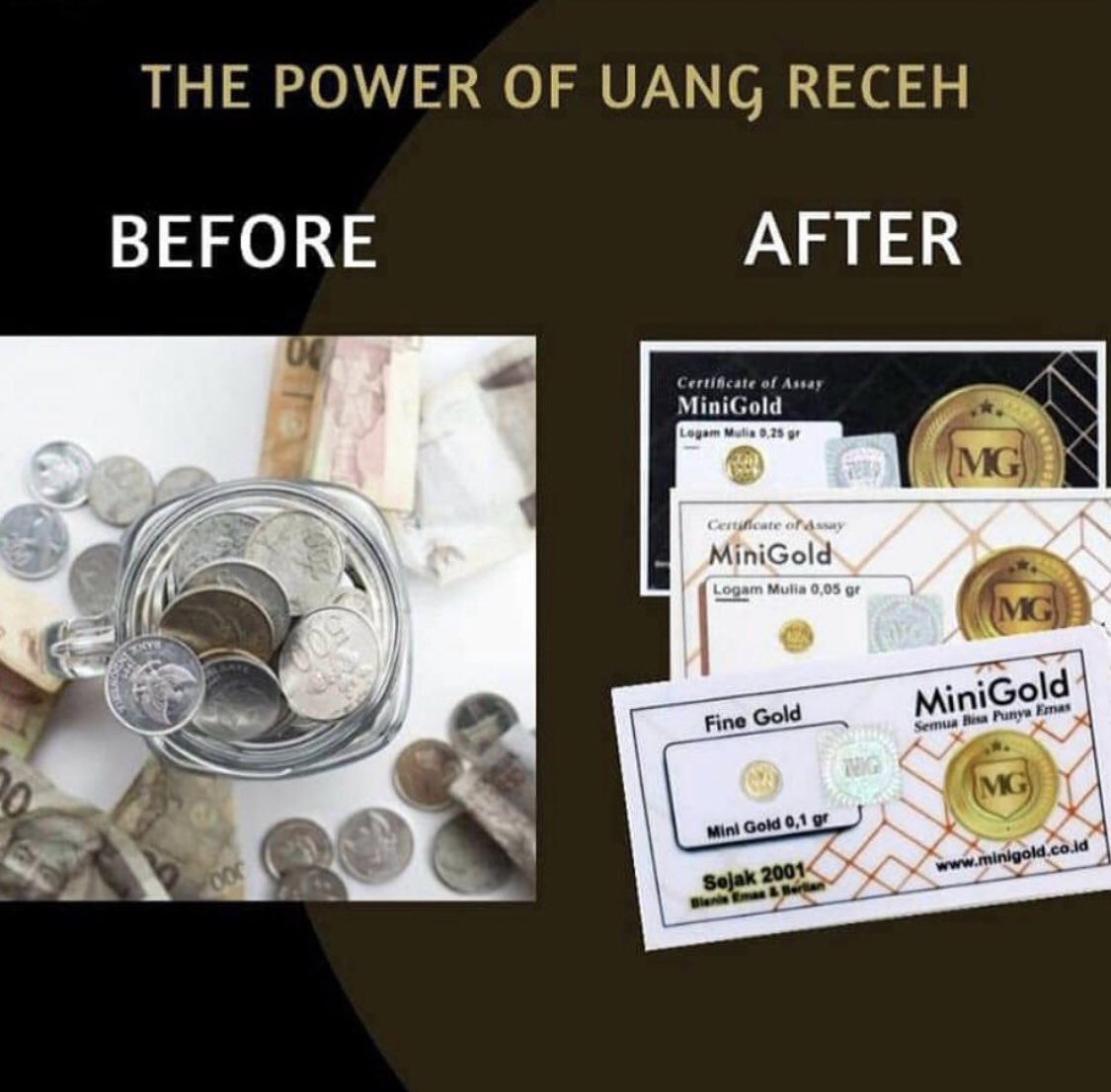 Kalau kalian punya uang receh ayo kita hitung sama-sama buat ditukar dengan emas. Dengan #MiniGold uang receh bisa jadi emas karena #SemuaBisaPunyaEmas 😊