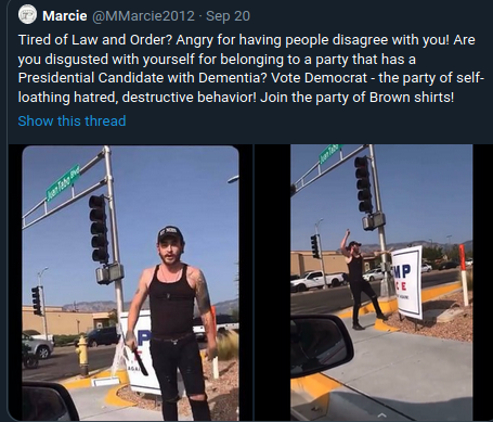  @MelanieforNM &  @lizthomsonnm Wondering if you cared to denounce the acts of violence regarding the Trump signs in our districts? The one guy used a 6+ inch blade to completely destroy the sign on Montgomery & Juan Tabo. Pretty violent-ya think?  @republibrarian  @michealdossey  https://twitter.com/MMarcie2012/status/1308130272903274496