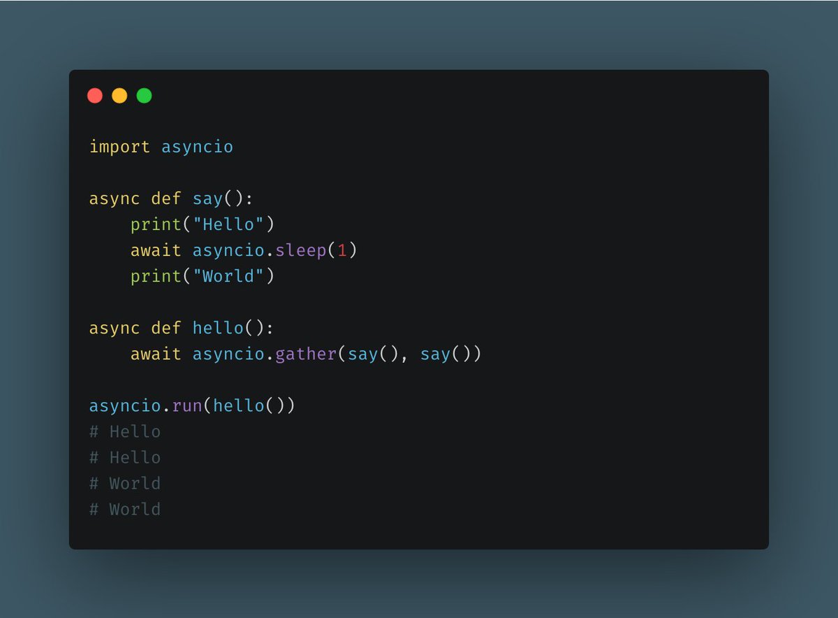 Async IO - Python 3.4+The asyncio module is the new way to write concurrent code using the async and await syntax.This approach allows for much more readable code and abstracts away many of the complexity inherent with concurrent programming.