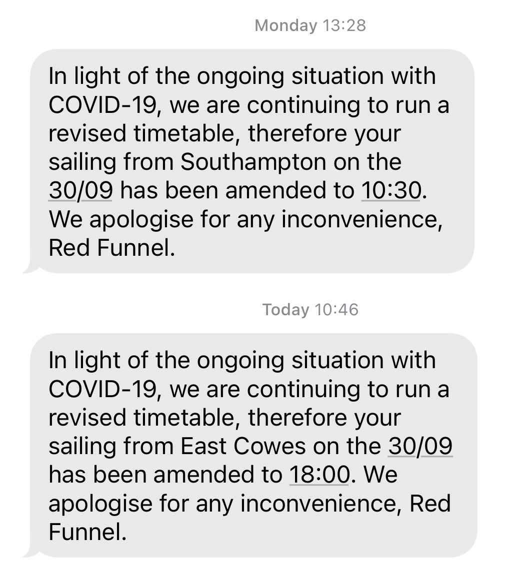 slimeyuk's tweet photo. @RedFunnelFerry so let’s get this right... both sailings I booked (only about a week ago) on your revised timetable have had their times changed because you’re running a revised timetable. Good job I’ll still be able to make it to the funeral I’m travelling to the Island for... https://t.co/maYCuLrglC