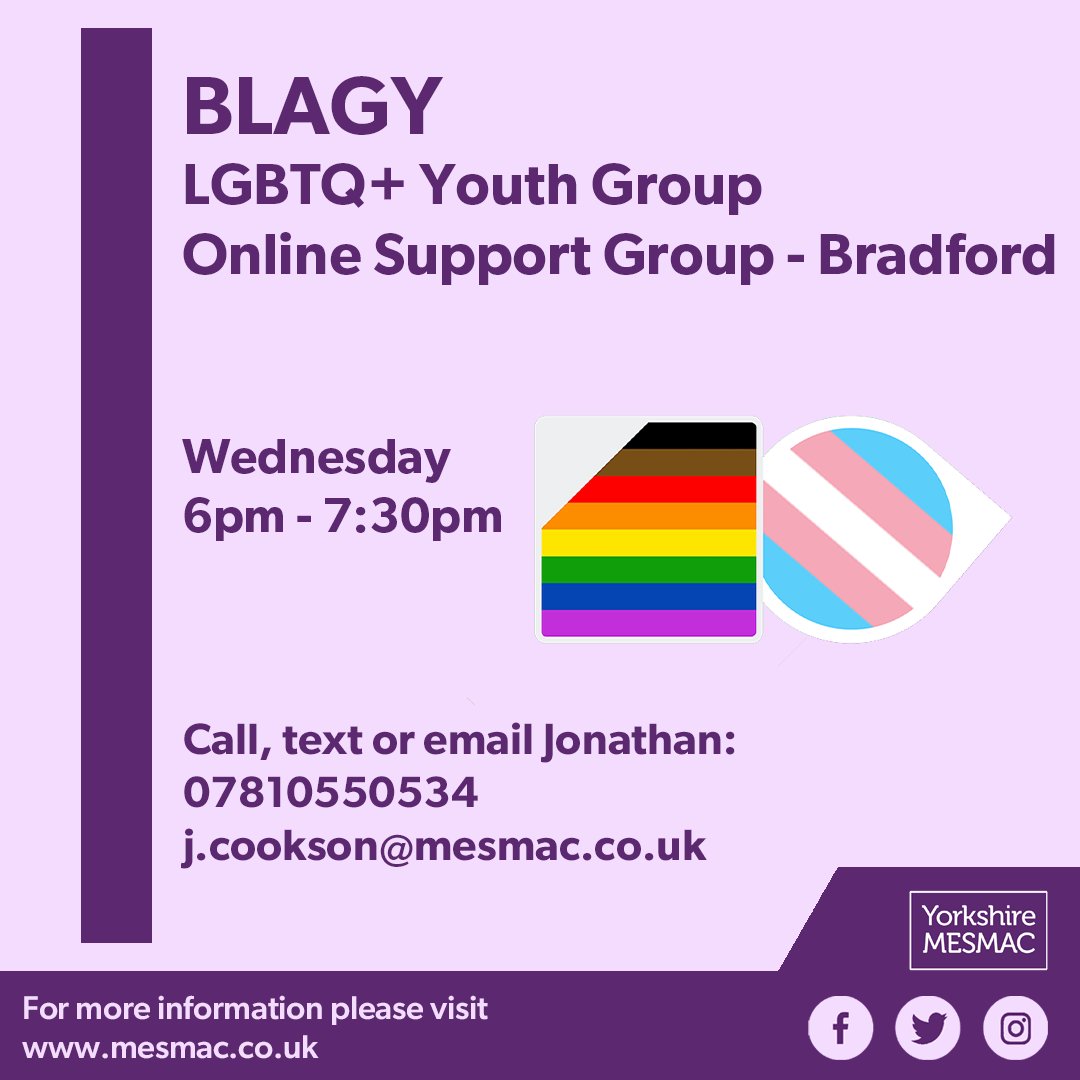MesmacB's tweet photo. Missing your LGBT friends and spaces? BLAGY Youth Group is running online every Wednesday night! Contact Jonathan to join #StillHereForYou 💜
#lgbtq #younglgbtq #instagay #bradford #yorkshire #mesmac #bi #trans #gay #lesbian #queer #instaqueer #youthgroup #community #pride https://t.co/6OXBdlPi5U