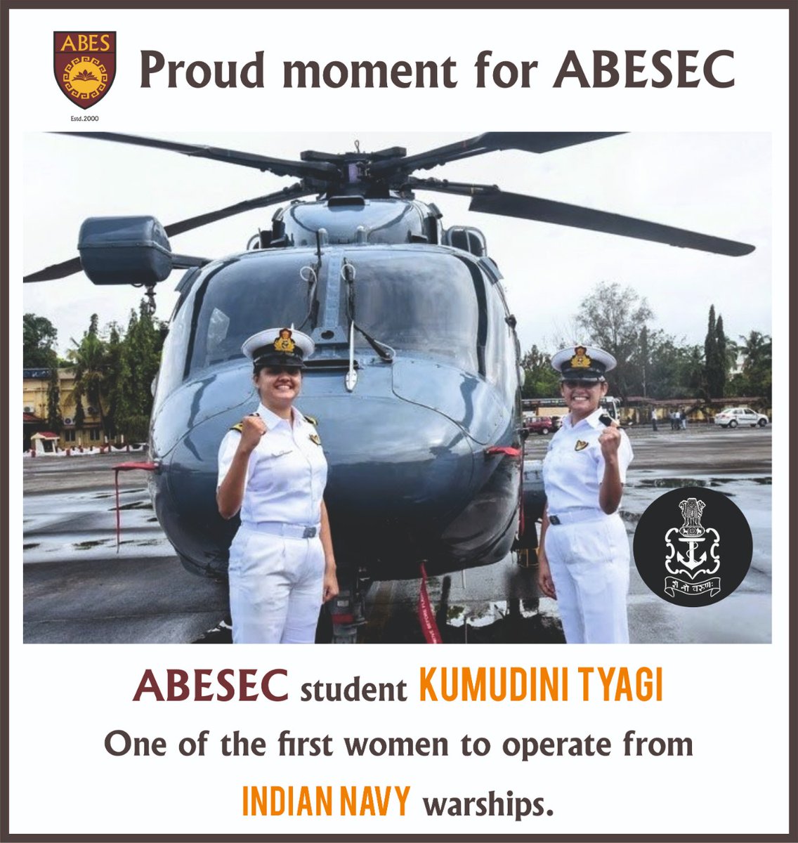ABESEC is proud to announce that our Alumnus Kumudini Tyagi (B.Tech CSE-2018 Passout) became one of the first woman officer in the Indian Navy to embark on warships as part of ship’s crew. 

Heartiest congratulations to Sub Lieutenant Kumudini Tyagi!!